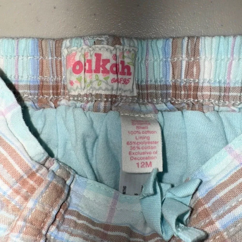 OshKosh Plaid Skirt Girl's 12M Baby Elastic Waist Blue Ribbon Bloomers Summer